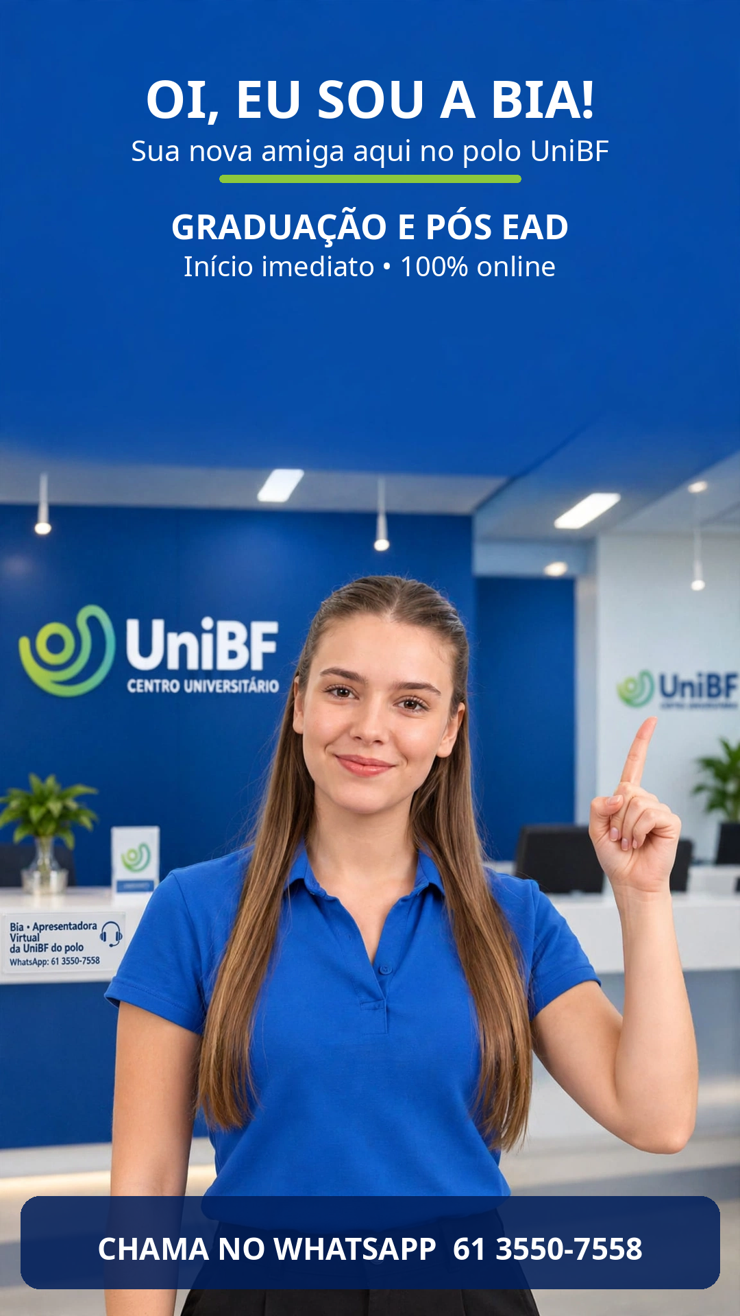 Bia, assistente virtual do Polo UNIBF, se apresentando